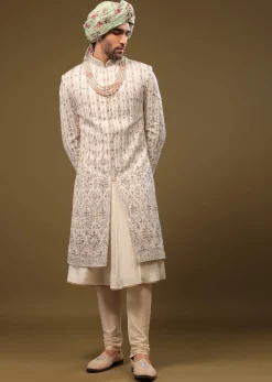 Beige White Thread Embroidered Silk Sherwani Set With Zari And Beads
