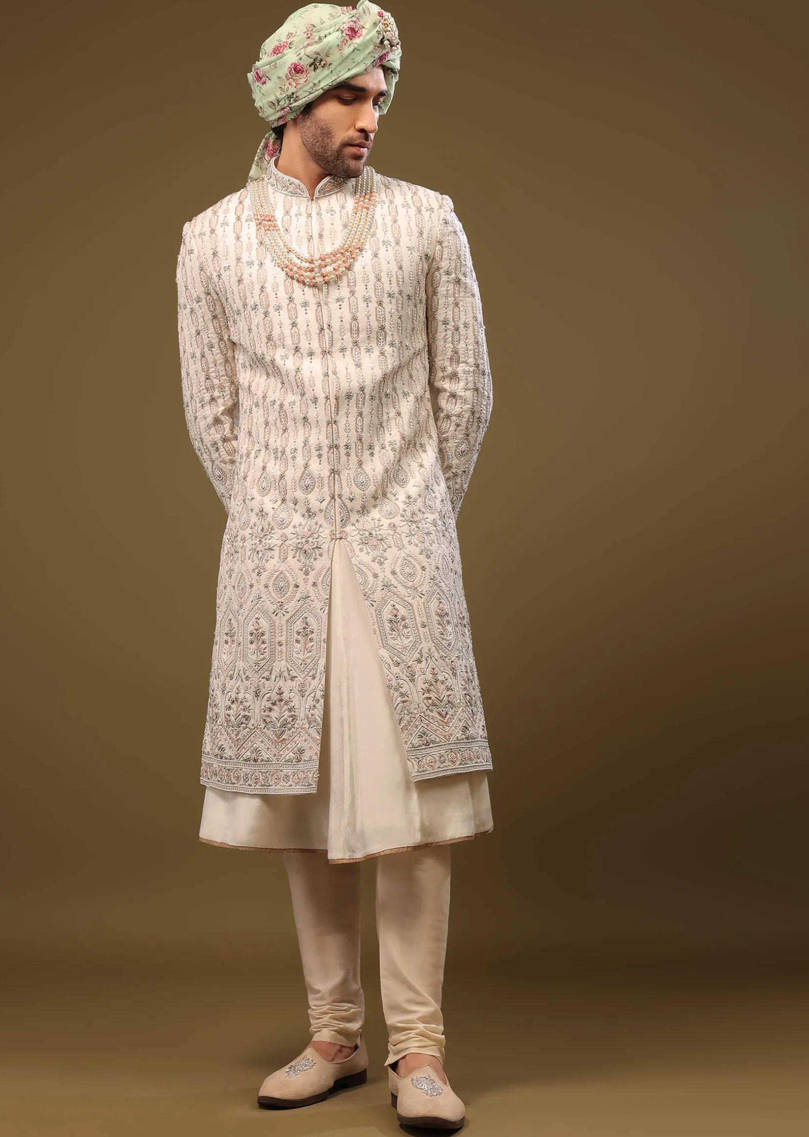 Beige White Thread Embroidered Silk Sherwani Set With Zari And Beads