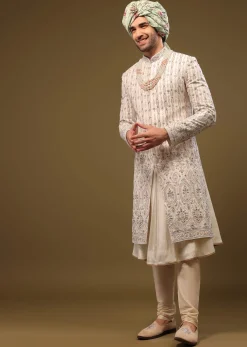 Beige White Thread Embroidered Silk Sherwani Set With Zari And Beads