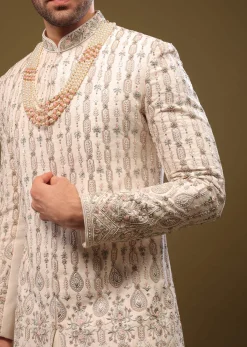 Beige White Thread Embroidered Silk Sherwani Set With Zari And Beads