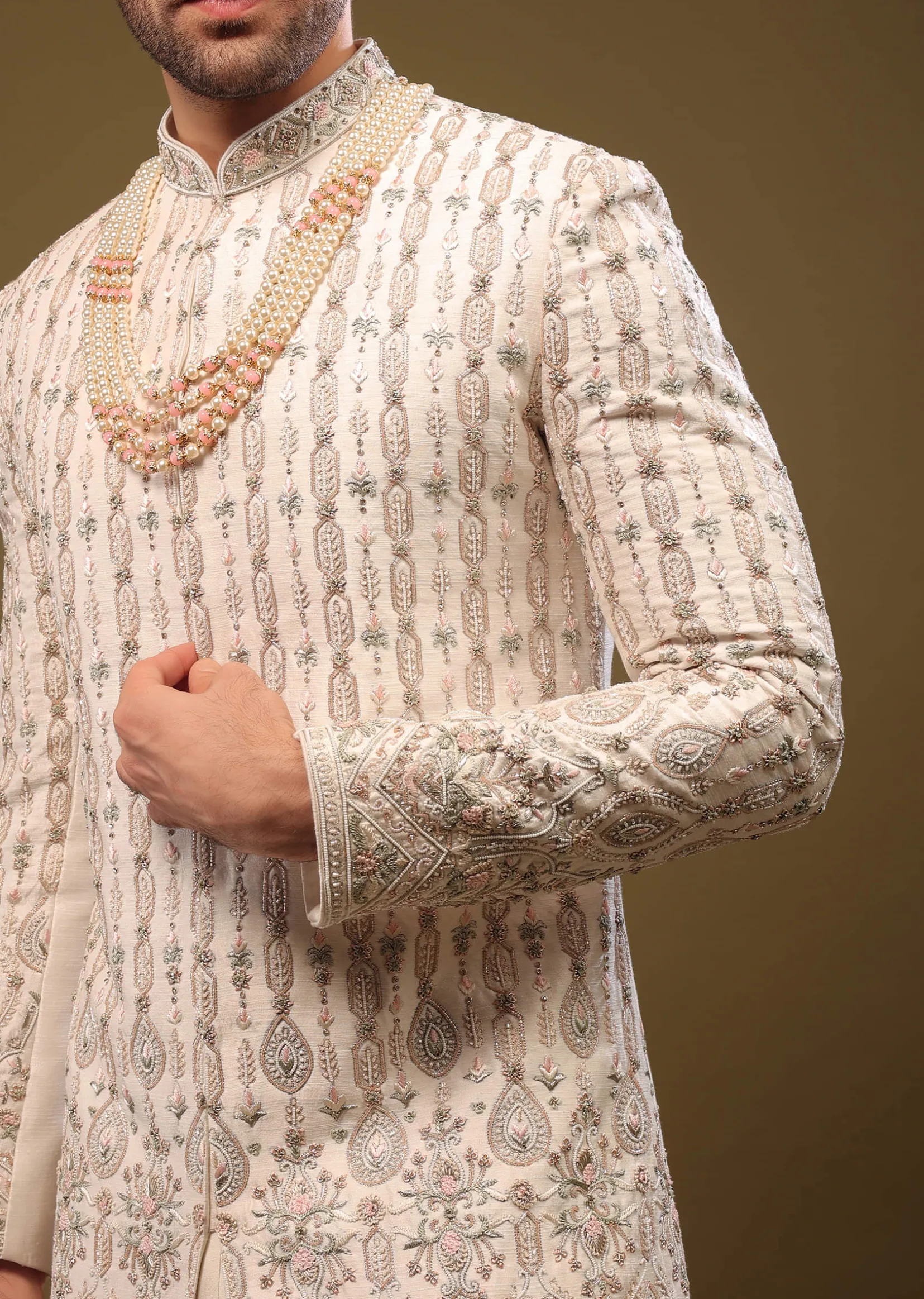 Beige White Thread Embroidered Silk Sherwani Set With Zari And Beads