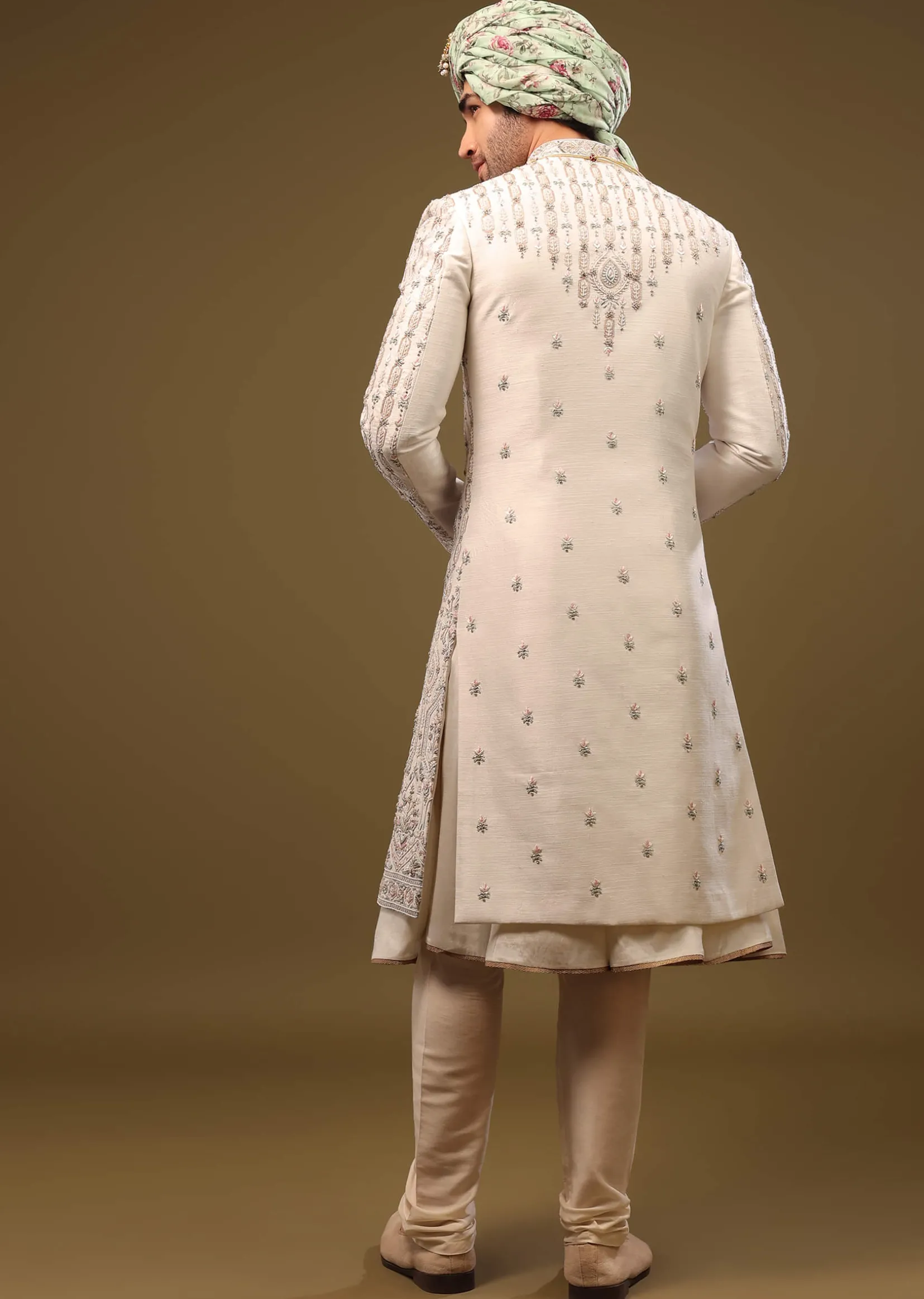 Beige White Thread Embroidered Silk Sherwani Set With Zari And Beads