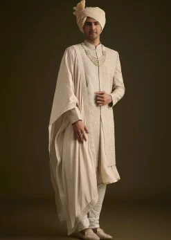 Beige Zardosi Embroidered Sherwani With Dupatta