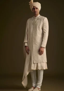 Beige Zardosi Embroidered Sherwani With Dupatta