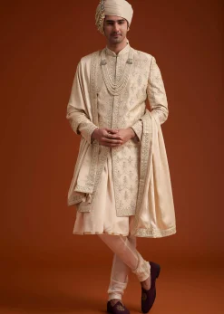 Beige Zardosi Embroidered Sherwani Set