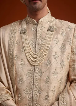 Beige Zardosi Embroidered Sherwani Set