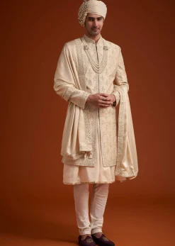 Beige Zardosi Embroidered Sherwani Set