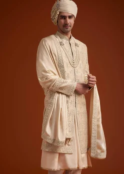 Beige Zardosi Embroidered Sherwani Set