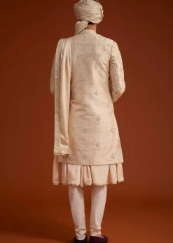 Beige Zardosi Embroidered Sherwani Set