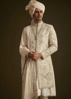 Beige Zardozi Embroidered Sherwani With Matching Dupatta