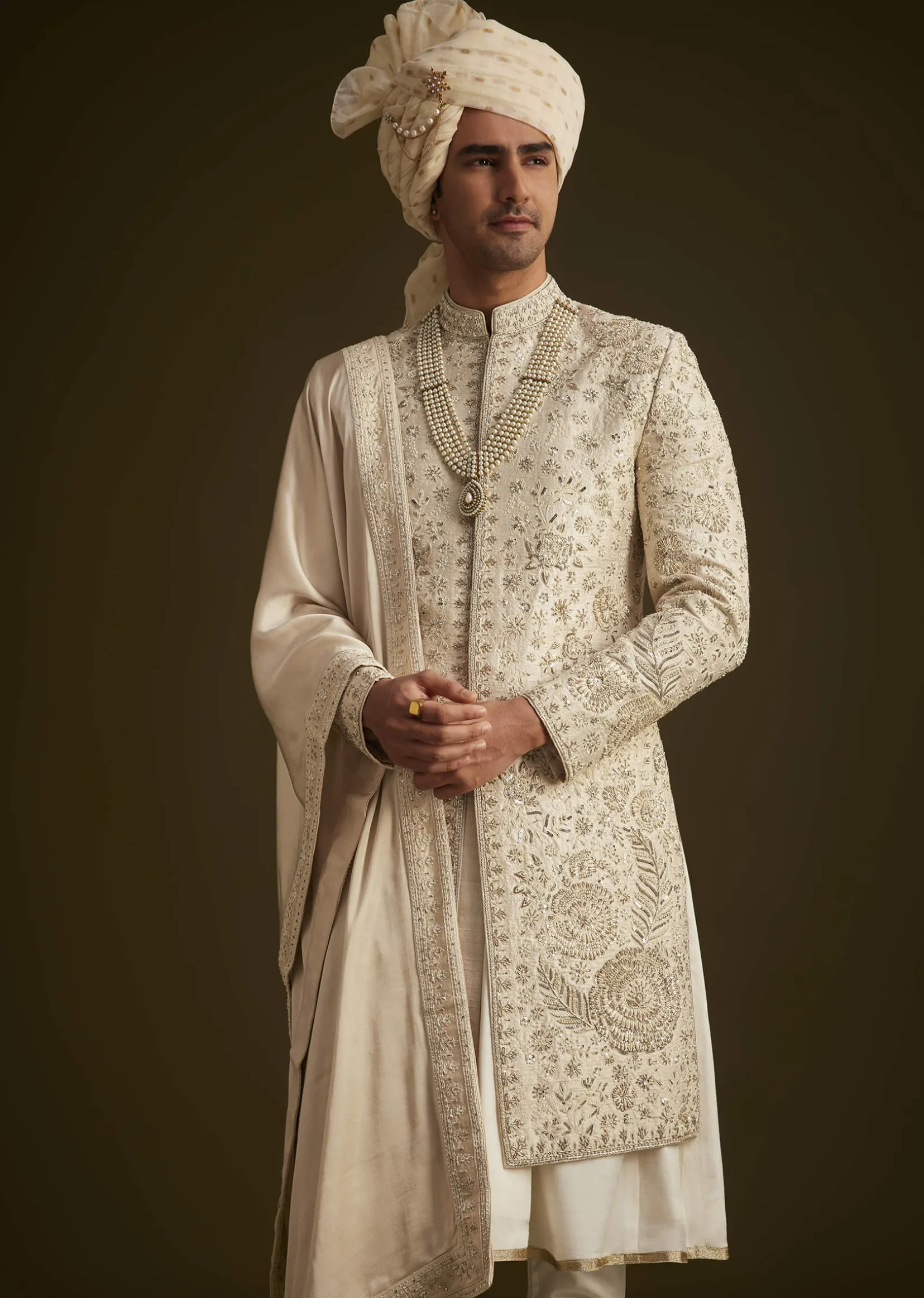Beige Zardozi Embroidered Sherwani With Matching Dupatta
