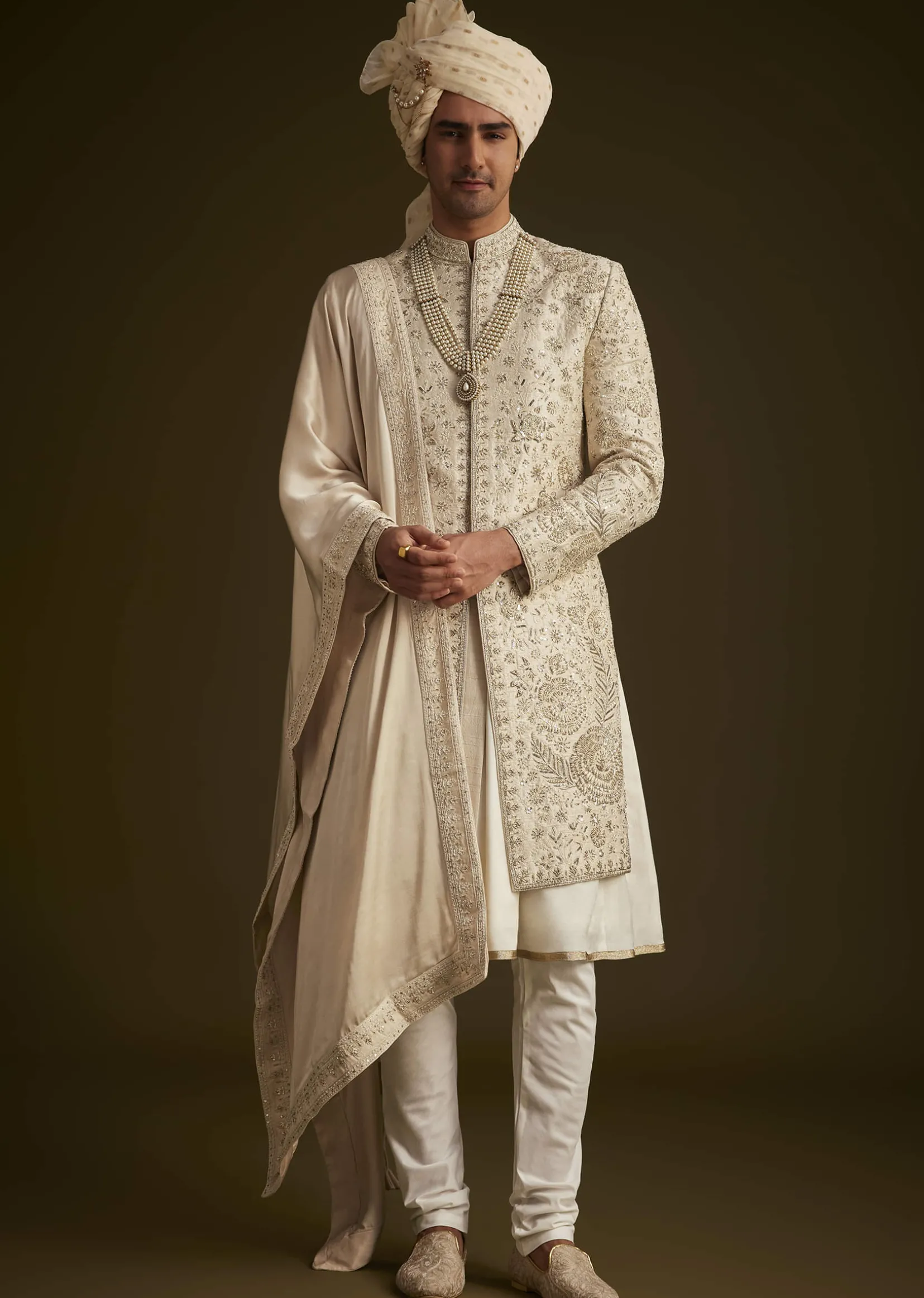 Beige Zardozi Embroidered Sherwani With Matching Dupatta