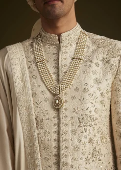 Beige Zardozi Embroidered Sherwani With Matching Dupatta
