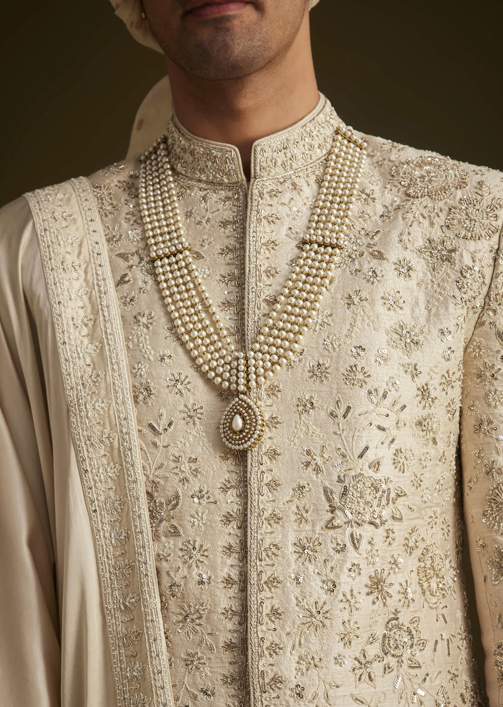 Beige Zardozi Embroidered Sherwani With Matching Dupatta