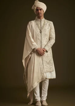 Beige Zardozi Embroidered Sherwani With Matching Dupatta
