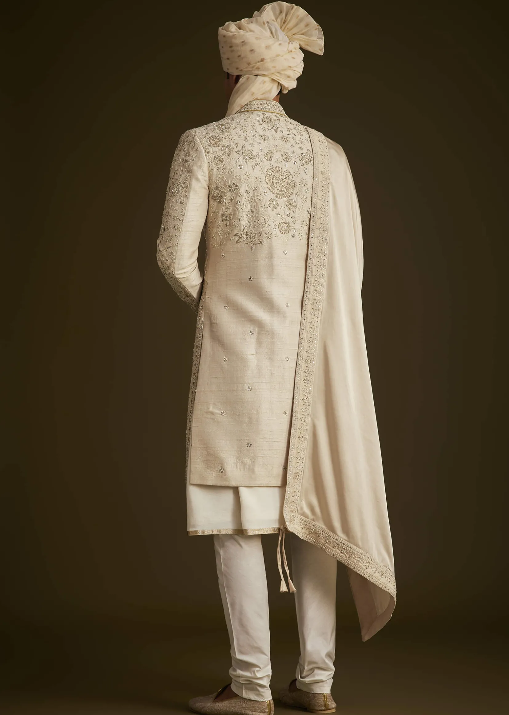 Beige Zardozi Embroidered Sherwani With Matching Dupatta
