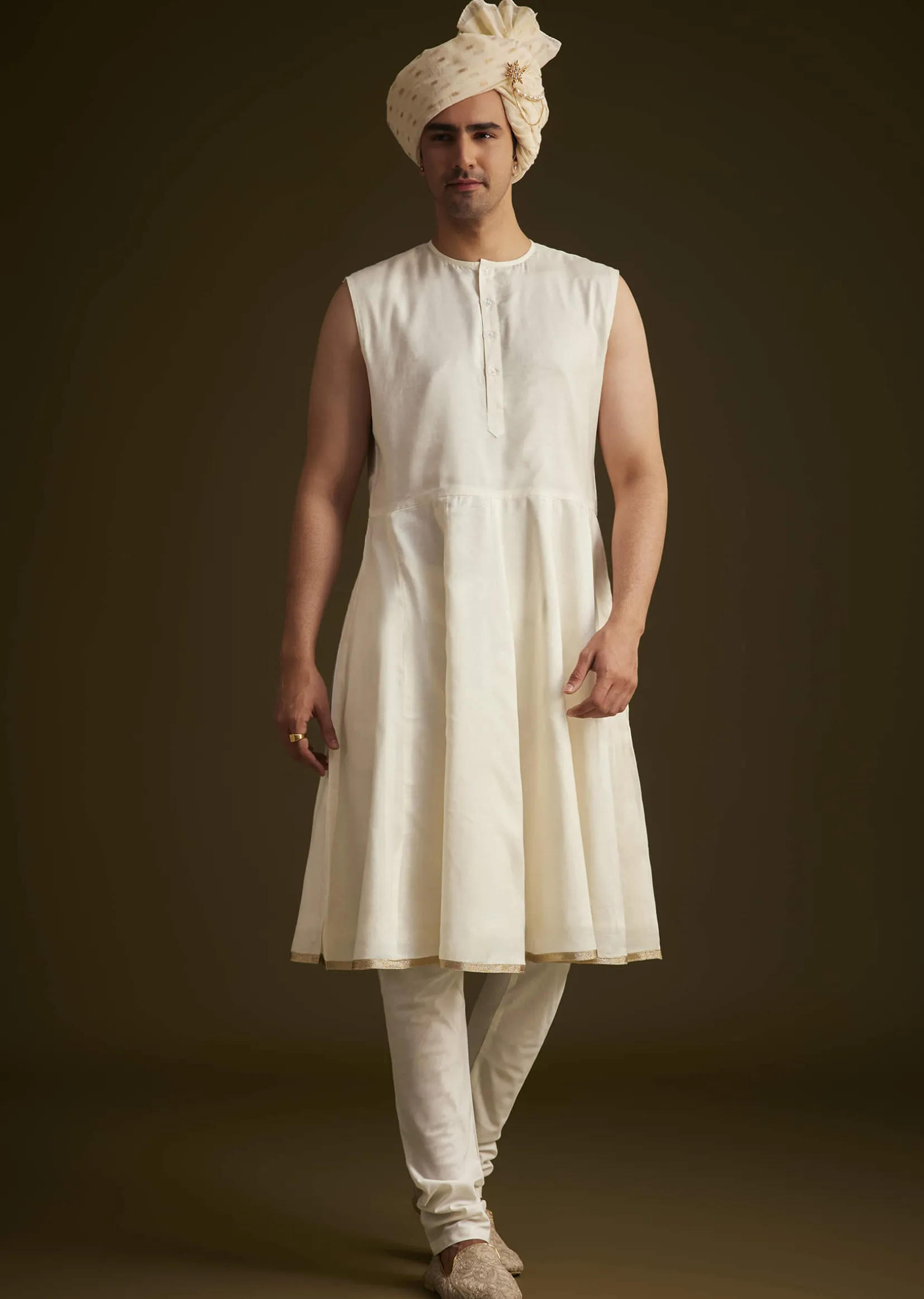 Beige Zardozi Embroidered Sherwani With Matching Dupatta