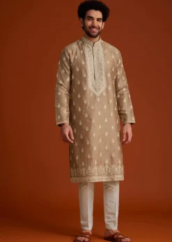 Beige Zari Embroidered Kurta Pajama Set