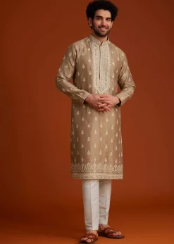 Beige Zari Embroidered Kurta Pajama Set