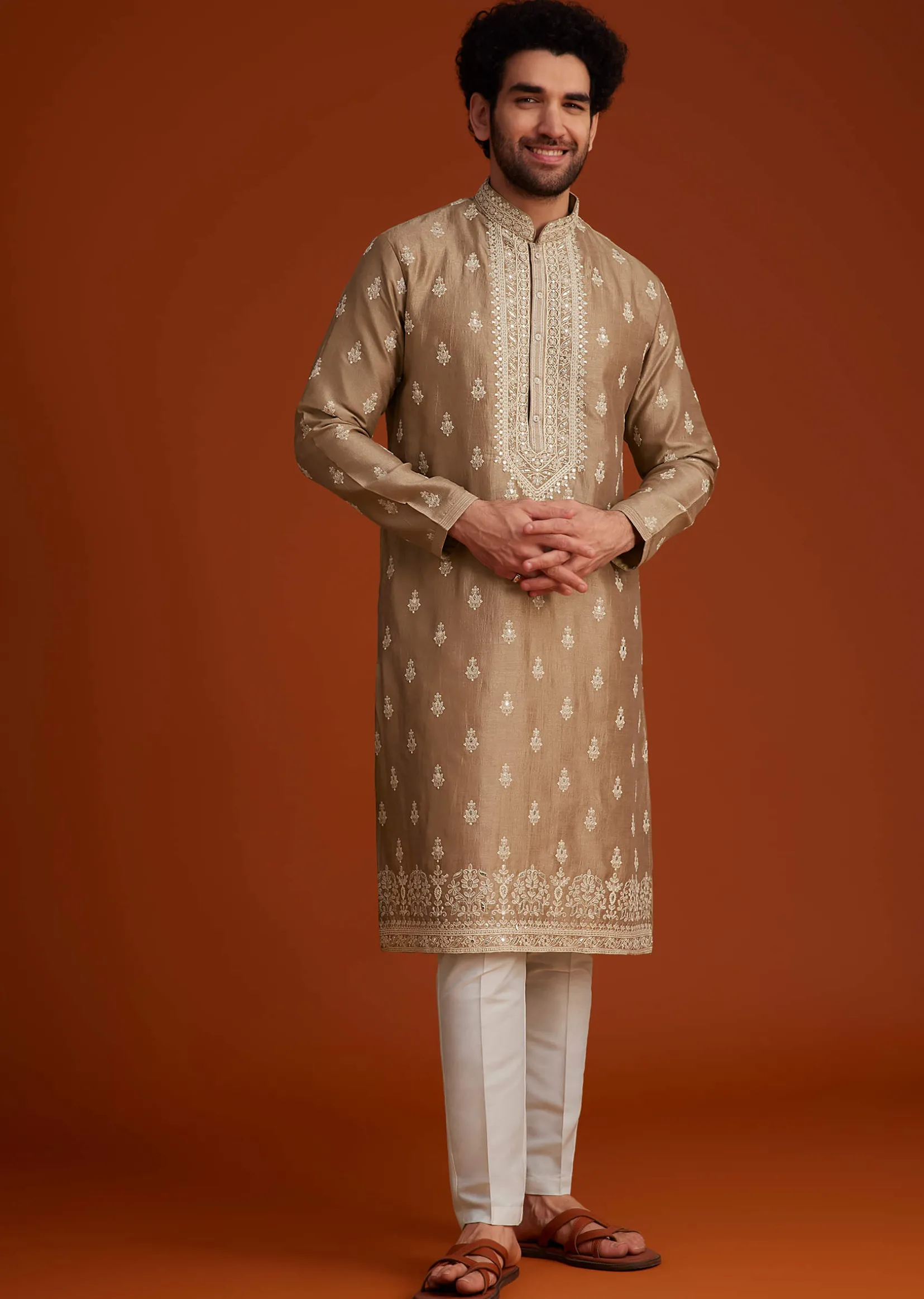 Beige Zari Embroidered Kurta Pajama Set