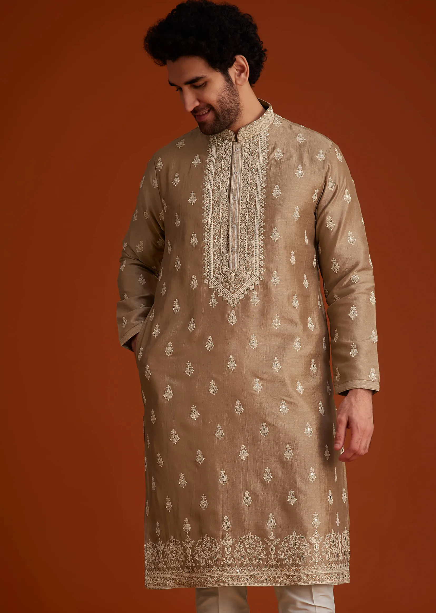 Beige Zari Embroidered Kurta Pajama Set