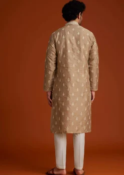 Beige Zari Embroidered Kurta Pajama Set