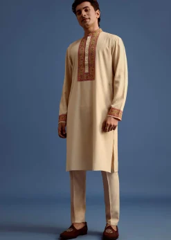 Beige Zari Floral Block Printed Kurta Set