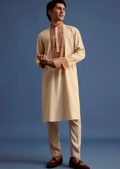Beige Zari Floral Block Printed Kurta Set