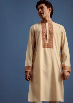 Beige Zari Floral Block Printed Kurta Set