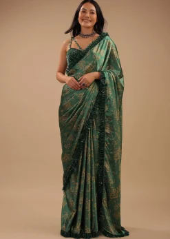 Beryl Green Satin Saree With Floral Print And Sequin Frill On The Border