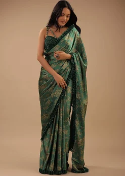 Beryl Green Satin Saree With Floral Print And Sequin Frill On The Border