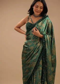 Beryl Green Satin Saree With Floral Print And Sequin Frill On The Border