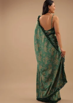 Beryl Green Satin Saree With Floral Print And Sequin Frill On The Border