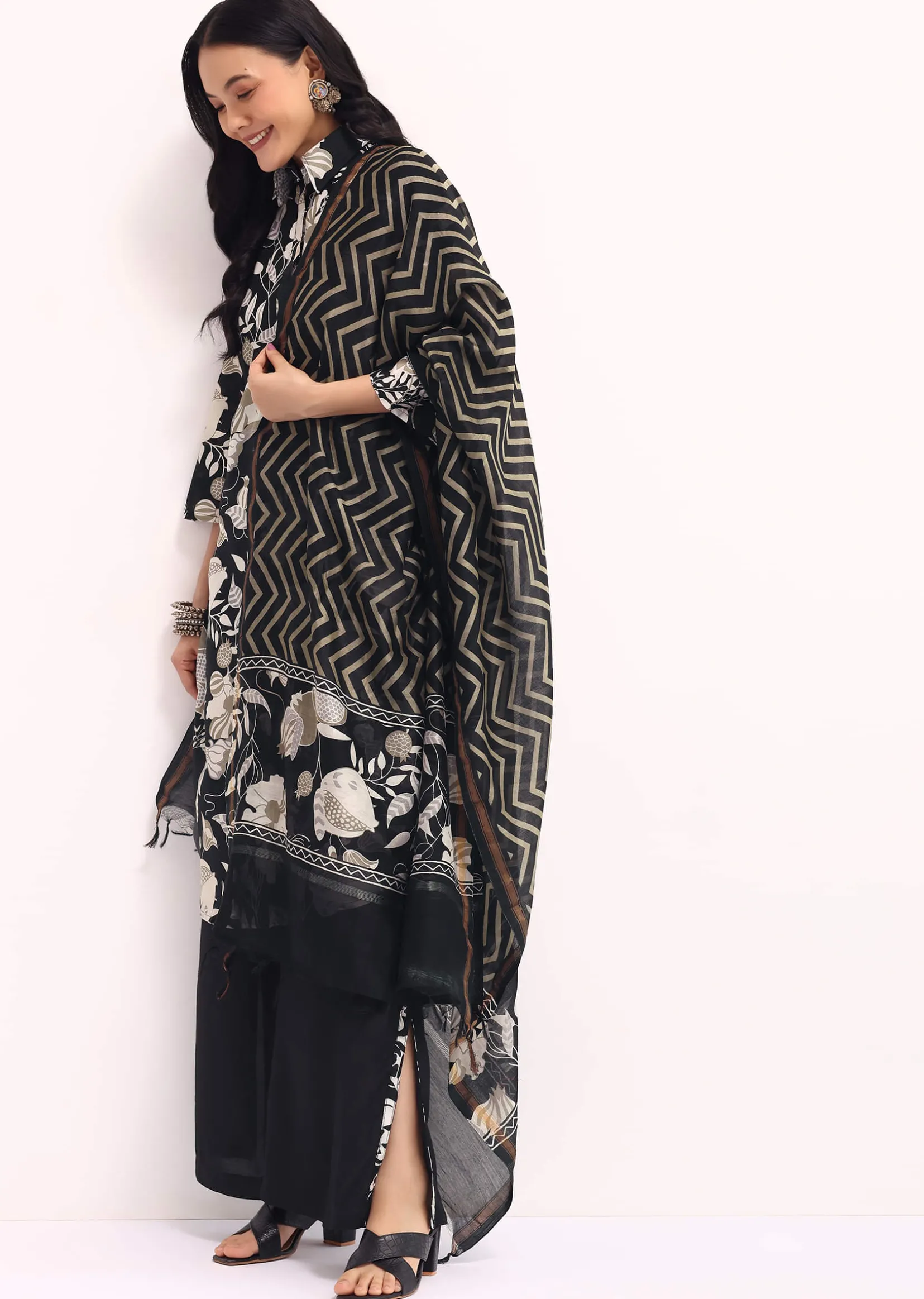 Black Abstract Printed Chanderi Kurta Palazzo Set