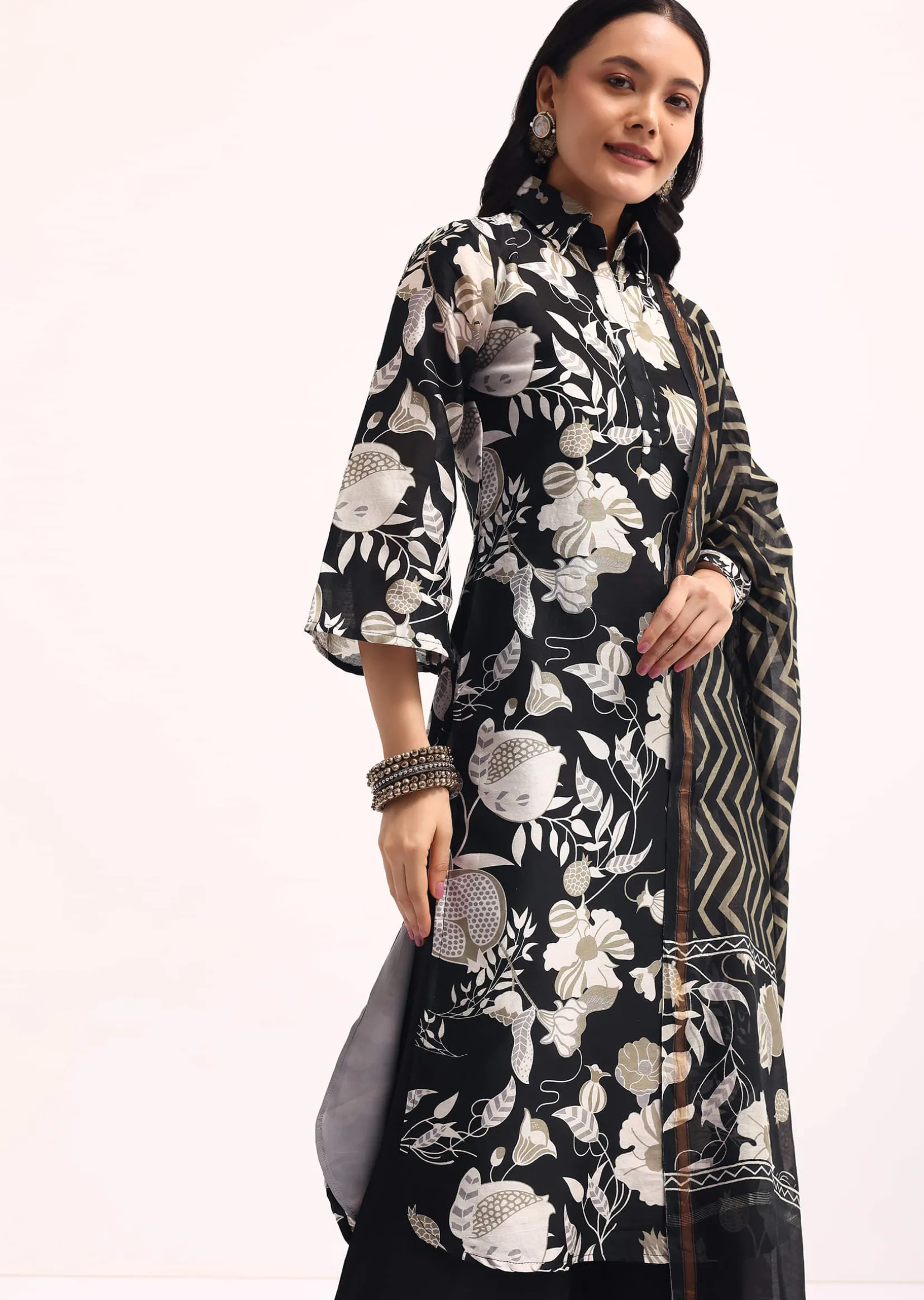 Black Abstract Printed Chanderi Kurta Palazzo Set