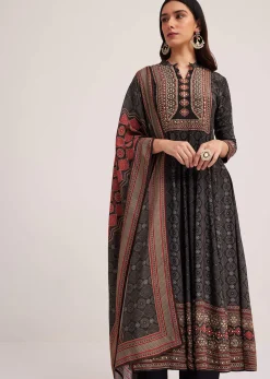 Black Ajrakh Printed Anarkali Set With Dupatta