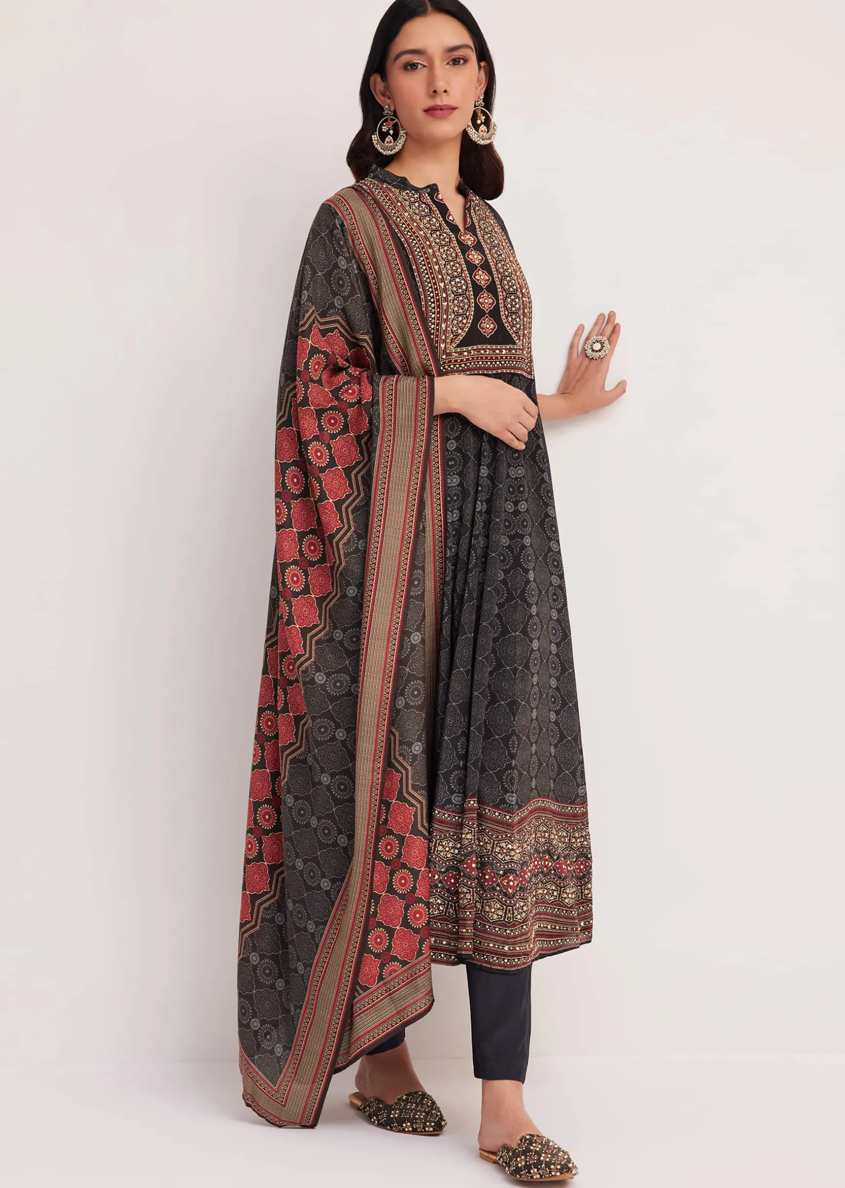 Black Ajrakh Printed Anarkali Set With Dupatta