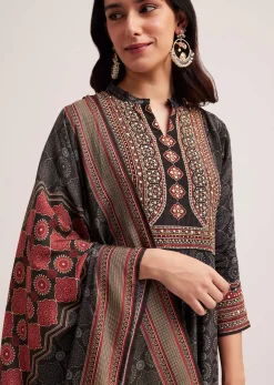 Black Ajrakh Printed Anarkali Set With Dupatta