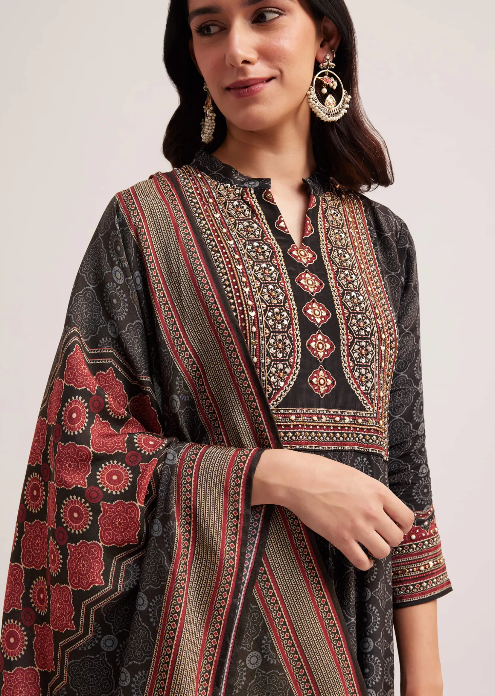 Black Ajrakh Printed Anarkali Set With Dupatta