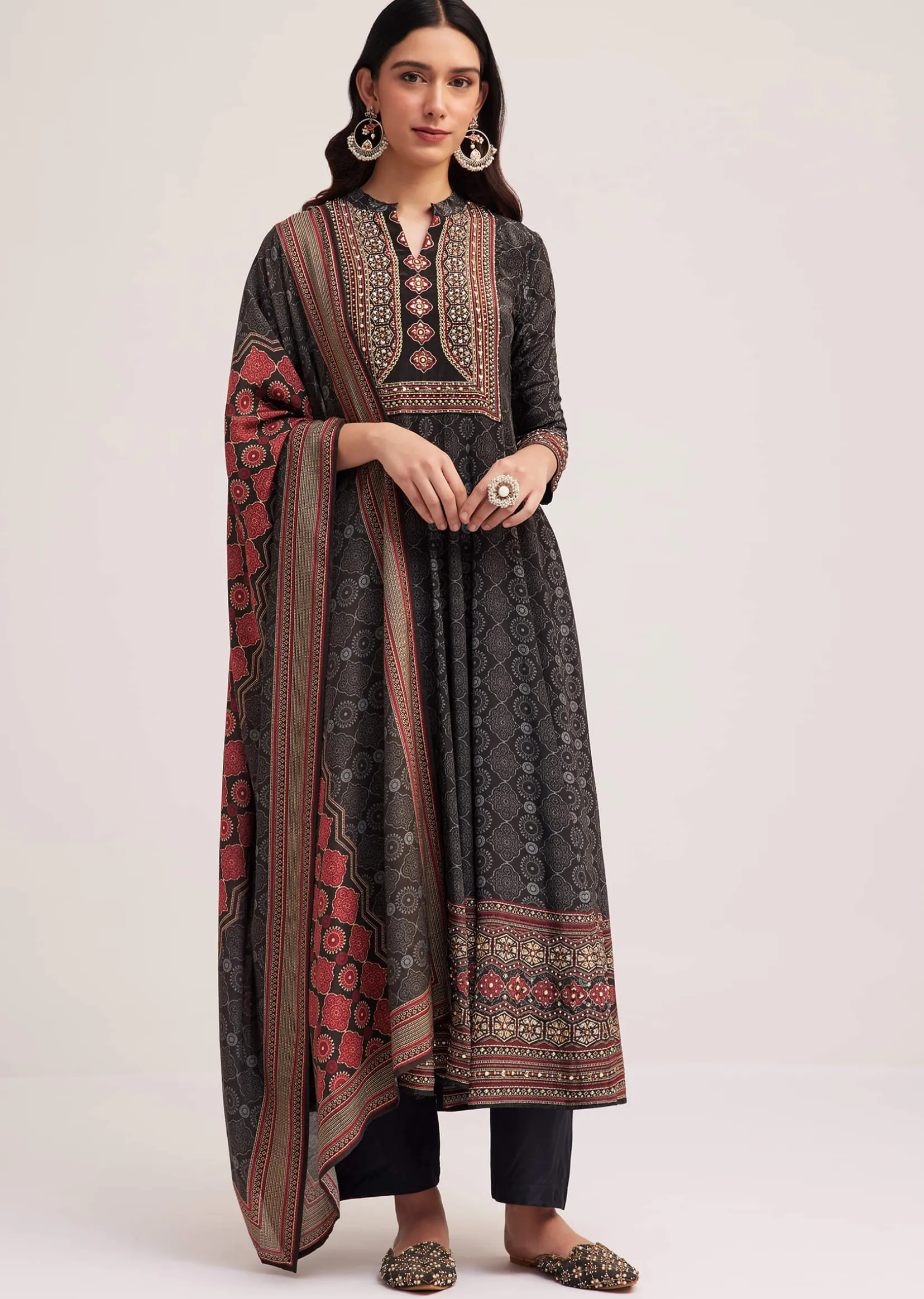 Black Ajrakh Printed Anarkali Set With Dupatta