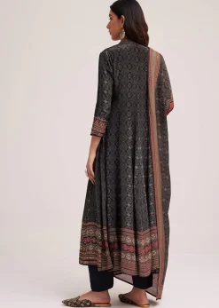 Black Ajrakh Printed Anarkali Set With Dupatta