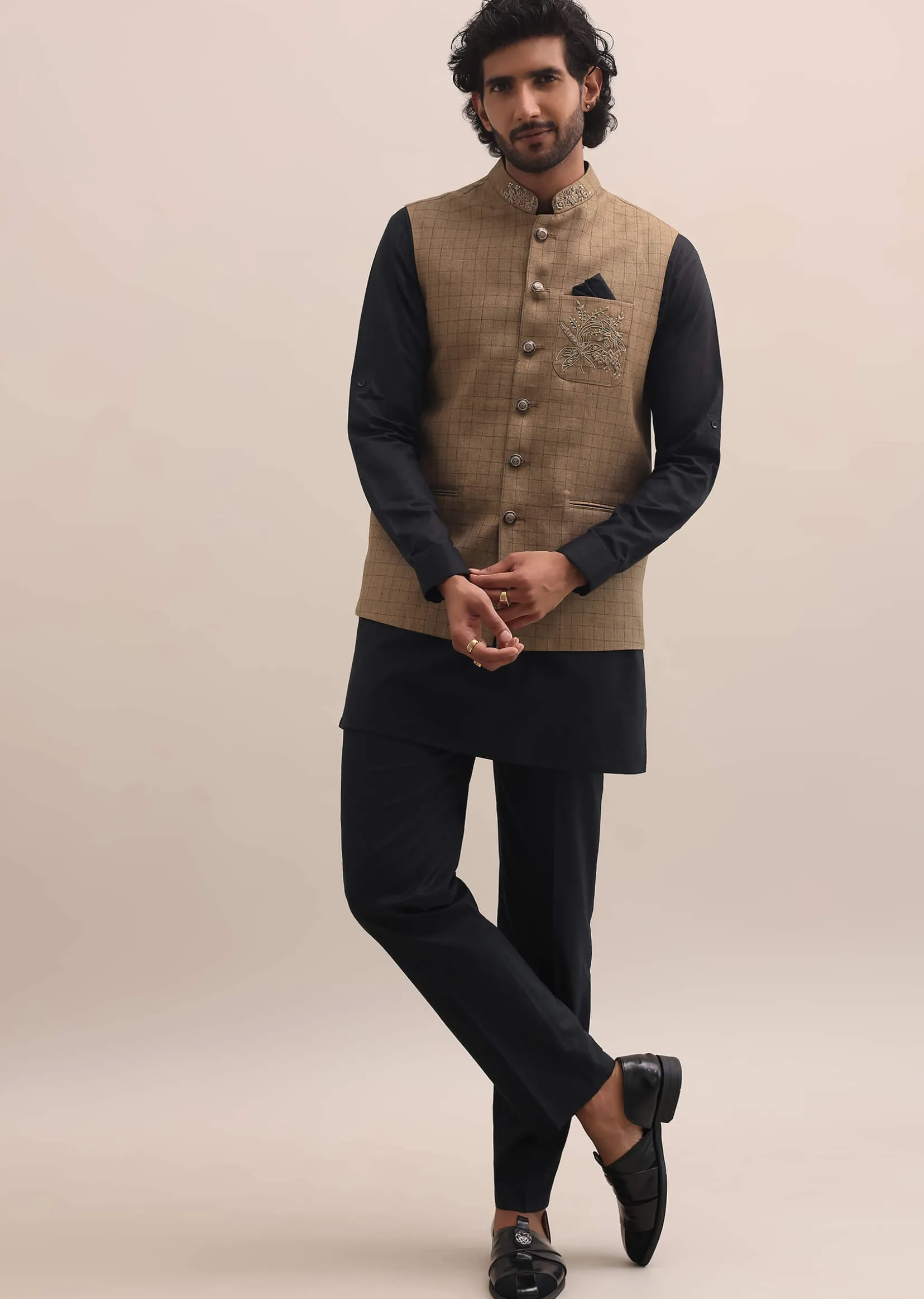 Black And Brown Embroidered Silk Kurta Jacket Set For Men