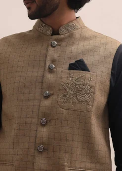 Black And Brown Embroidered Silk Kurta Jacket Set For Men