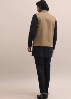 Black And Brown Embroidered Silk Kurta Jacket Set For Men