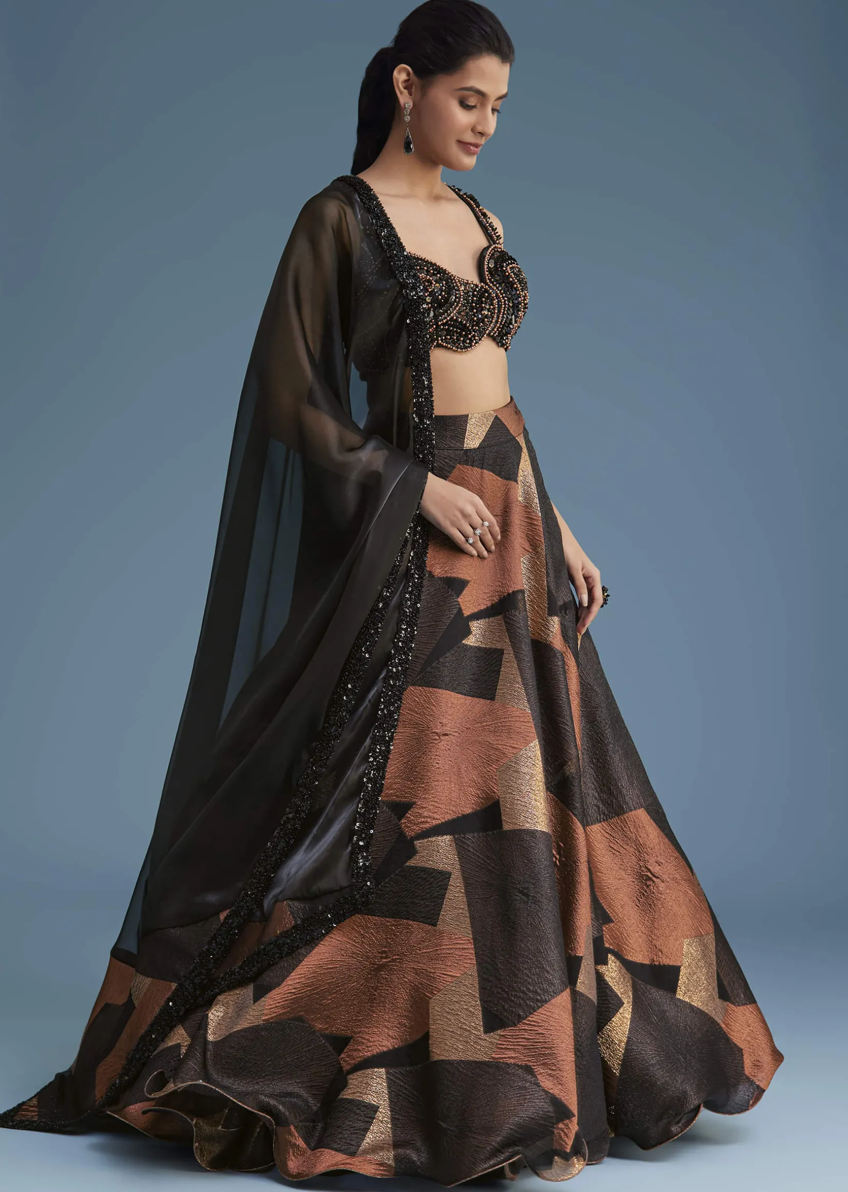 Black And Copper Lurex Glitter Lehenga Set With Fancy Choli