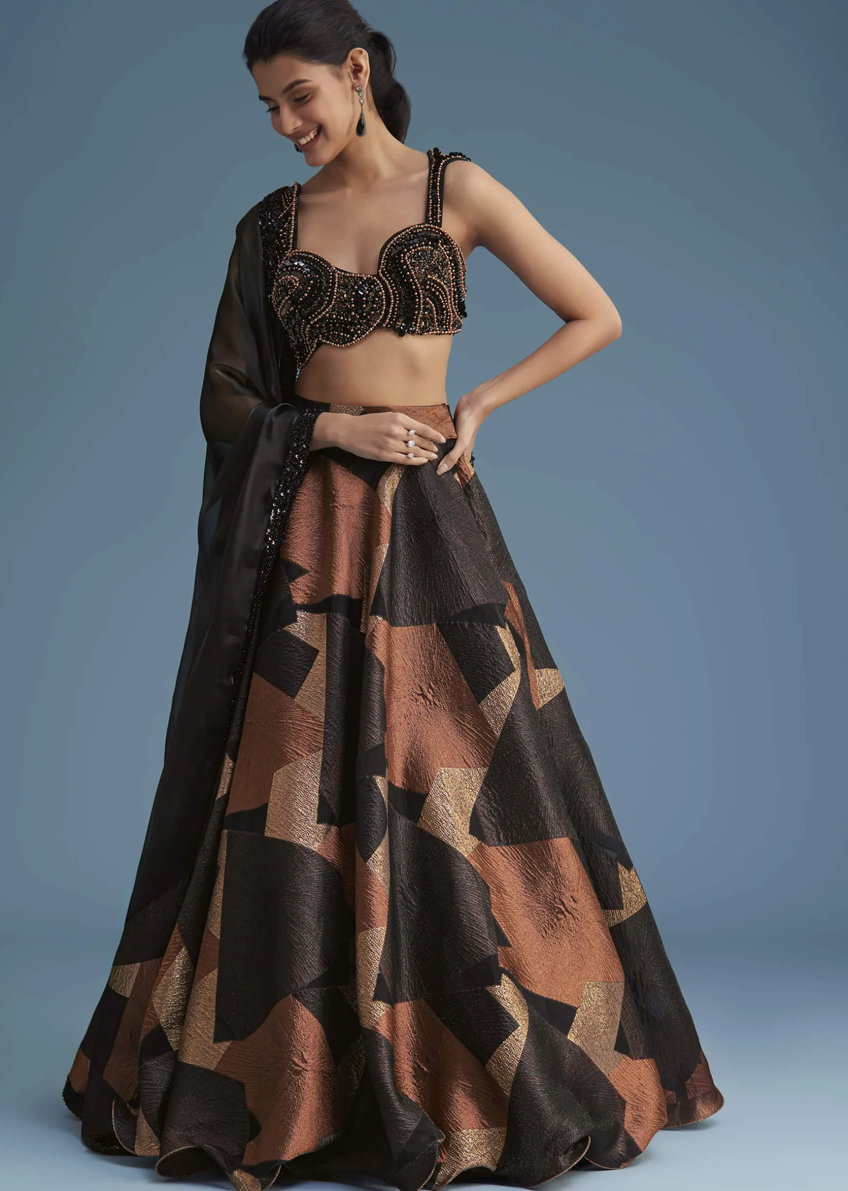 Black And Copper Lurex Glitter Lehenga Set With Fancy Choli