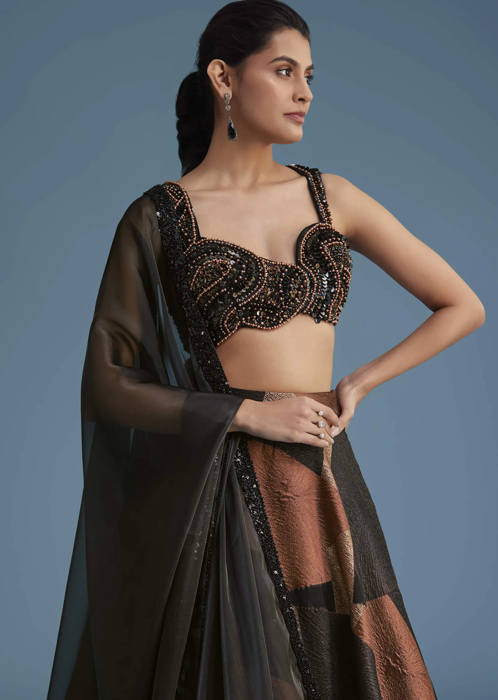 Black And Copper Lurex Glitter Lehenga Set With Fancy Choli