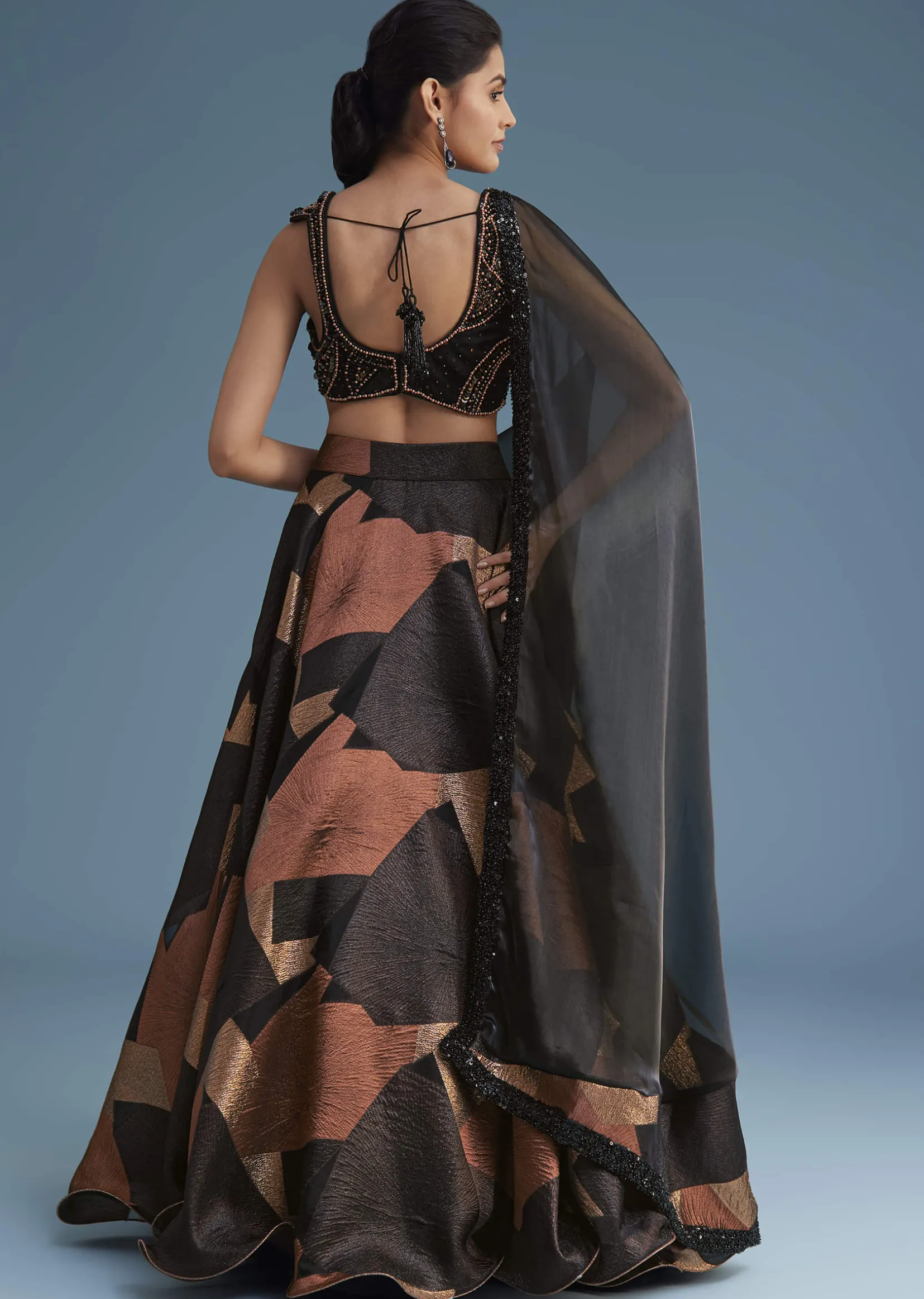 Black And Copper Lurex Glitter Lehenga Set With Fancy Choli