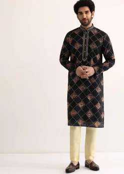 Black And Pink Silk Kurta Set With Mirror Embroidery