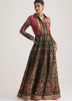 Black And Pink Silk Shirt And Skirt Set